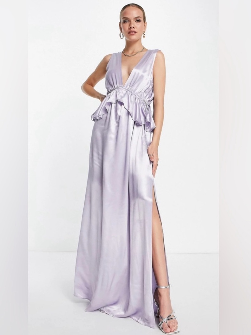 Topshop Lilac Satin V-Neck Peplum Maxi Dress